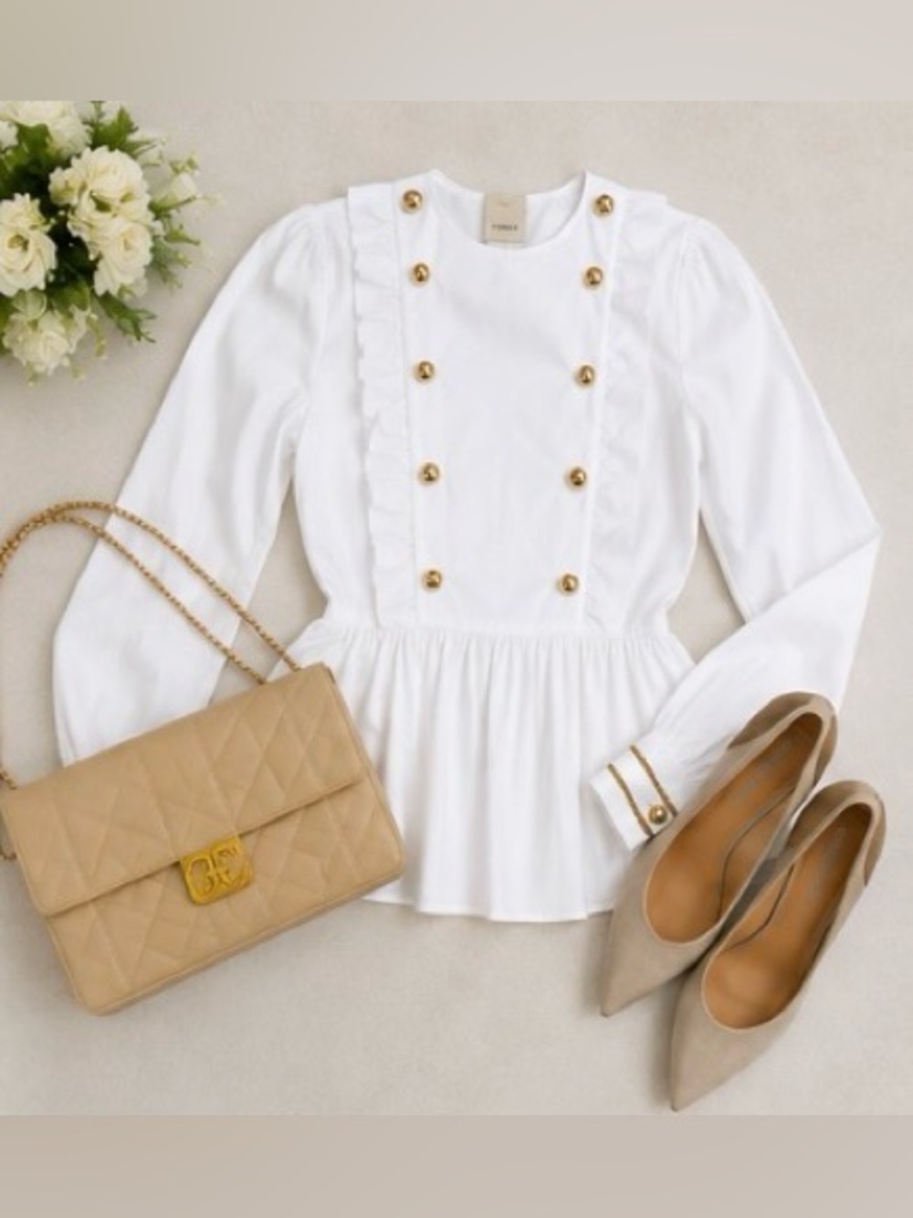 🆕 [Pinko] White Cotton Ruffle Peplum Gold Button Blouse IT 40 S Made in Italy - Picture 9 of 13